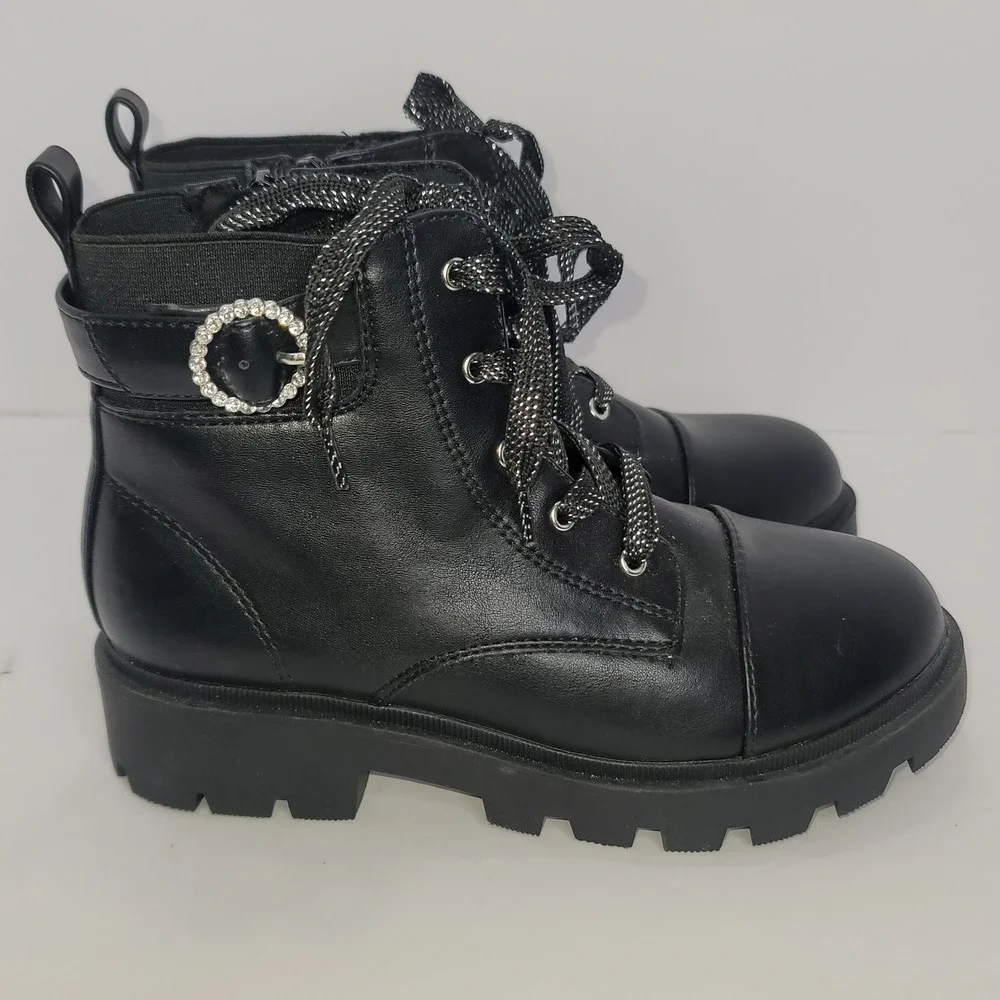Joie Black Kids Metallic Laces Combat Boots Rhinestone Buckle & Side Zip Sz3 Y2K